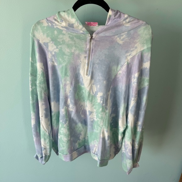 Pink Lily Tie-Dye Hoodie Pull Over with Half-Zip Size Medium Purple Blue Green - Picture 1 of 6